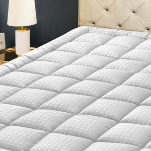 HYLEORY Queen Mattress Pad Quilted Fitted Mattress Protector Cooling Pillow Top Mattress Cover Breathable Fluffy Soft Mattress Topper with 8-21" Deep Pocket (White)