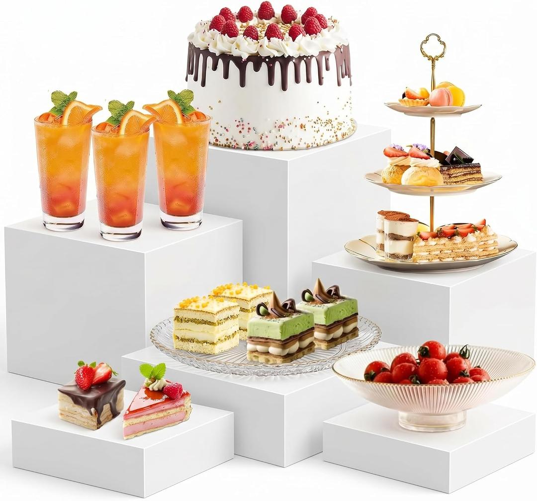6 PCS Buffet Risers and Stands (3",4",5",6",7",8"), Food Risers for Buffet Table, Acrylic Nesting Risers with Hollow Bottoms, Display Stand Shelf for Party, Catering, Desserts, Jewelry & Collectibles (white)