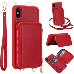Phone Case for iPhone Xs X 10 10s Wallet Cell Cover with Tempered Glass Screen Protector Crossbody Strap Lanyard RFID Blocking Card Holder iPhoneX iPhoneXs iPhone10 i PhoneX SX 10x 10xs Xs Women Red