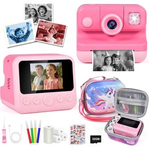 Kids Instant Print Camera with Carrying Bag, 1080P HD Girl Camera with 4 Print Paper Rolls, Color Pens & 32GB Card, Christmas Birthday Gifts Kids Girl Toys for 3-12 Years Old (Pink)