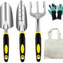 Professional 5-Piece Gardening Tool Set - Heavy Duty Aluminum Rust-Resistant Kit with Ergonomic Hand Trowel, Transplanter, Rake, Claw Gloves & Canvas Tote Bag - Perfect Gardening Gifts for Women & Men