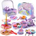 Motiloo 48Pcs Tea Set for Little Girls,Kids Pretend Toy Tin Tea Set and Carrying Case,Rainbow Magic Unicorn Design for Girls Princess Boys 3-6