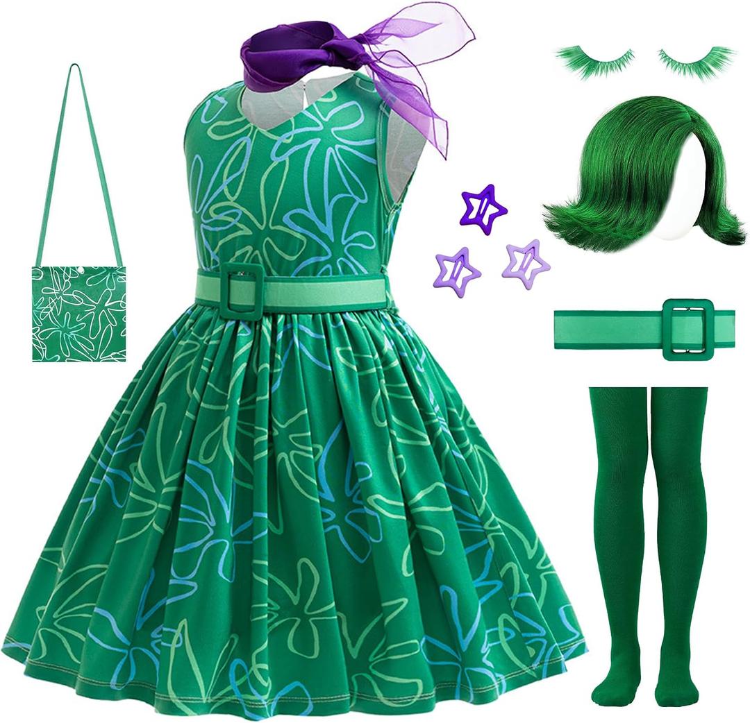 RuuYiicoco 10Pcs Girls Green Costume Cosplay Dress up Halloween Outfits with Wig (Green, 9-10 Years)