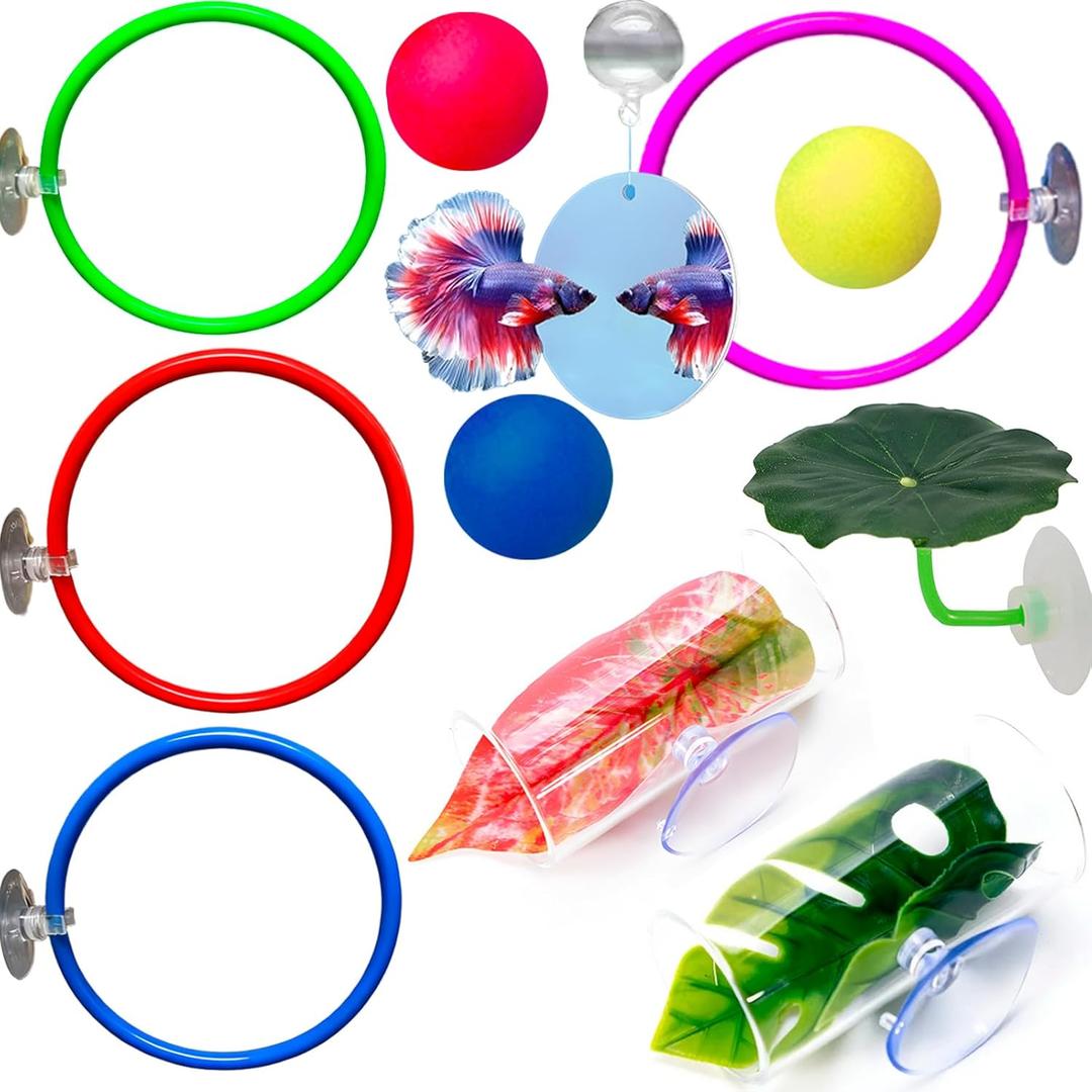 11pcs Betta Fish Enrichment Toys Fish Hideout Exercise Rings Floating Mirror Balls Tank Feeding Rings Training Ring Feeder Hammock Acrylic Tube Resting Breeding Tunnel Spot Aquarium Decor Accessory