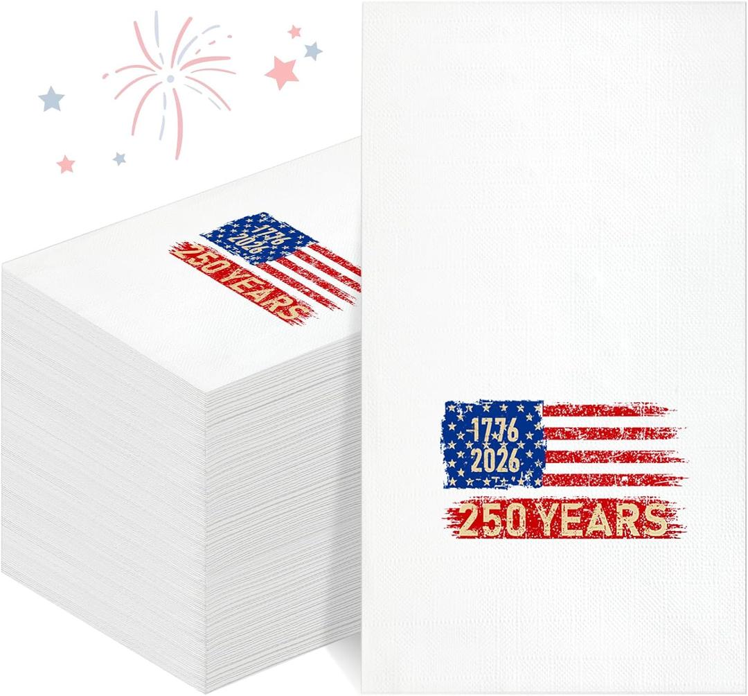 Funrous 100 Pcs 250 Year Anniversary Napkins Rustic American Flag Disposable Cocktail Napkins 1776-2026 250th Birthday Patriotic Hand Towel for 4th of July Independence Day Party Supplies (Fashion)