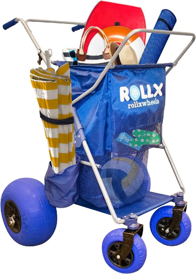 RollX Foldable Storage Wagon with 4 Balloon Wheels, Rear 13 Inch & Front 7 Inch Beach Tires (Pump Included) - Blue