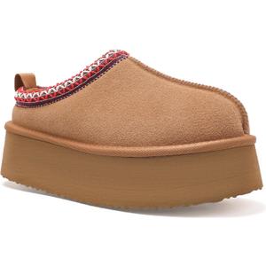 Women's Platform Fuzzy Cozy Slippers Genuine Suede Water Resistant Winter Platform Mini Boots with Memory Foam and Faux Fur Lining Comfy Fuzzy Clogs (7.5, Brown)