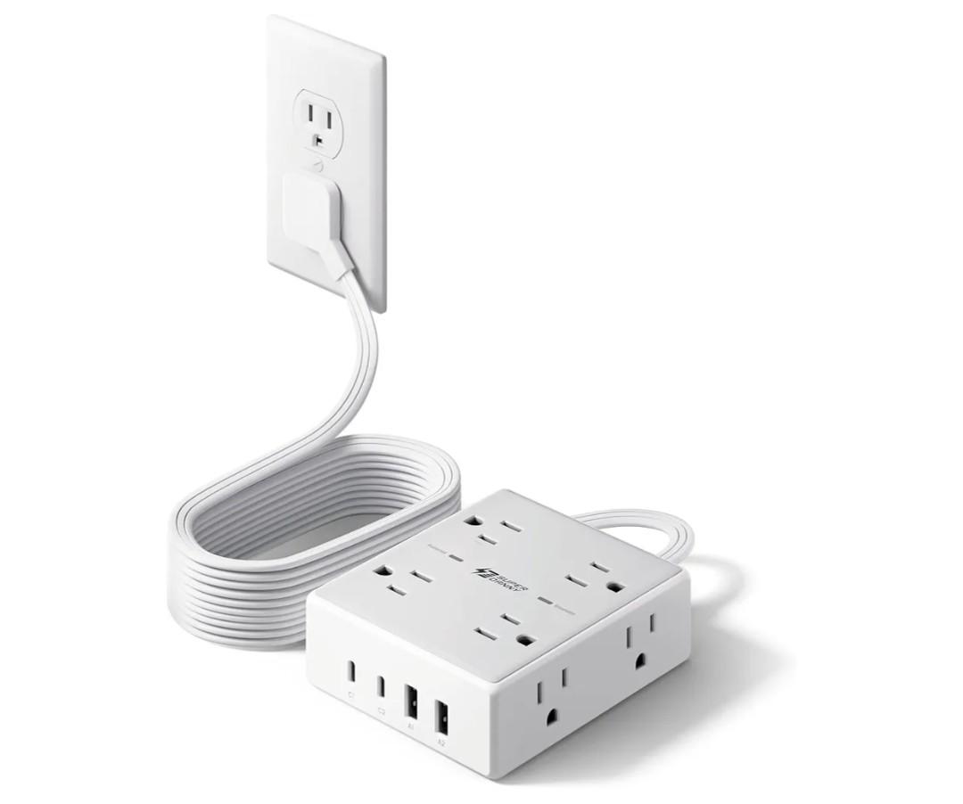 10Ft Extension Cord with Multiple Outlets, Flat Plug Surge Protector Power Strip 10 Ft Long Cord, 8 Outlets & 4 USB Ports (2 USB C), Desk Charging Station for Home Office, College Dorm Room Essentials