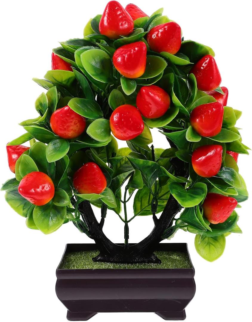 Artificial Potted Strawberry Plant Realistic Faux Bonsai Decoration 9.45In Indoor Tabletop Greenery Home Office Decor 2Pcs