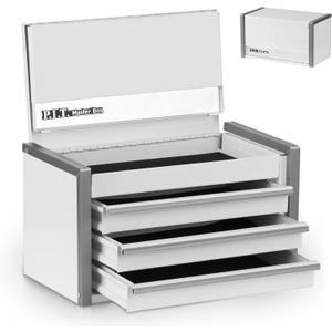 P.I.T. Mini White Tool Box, Portable 3 Drawer Steel Stackable Tool Box with Magnetic Tab Locking, White Micro Top Chest with Liner for Tools Storage and Organizers, Home DIY
