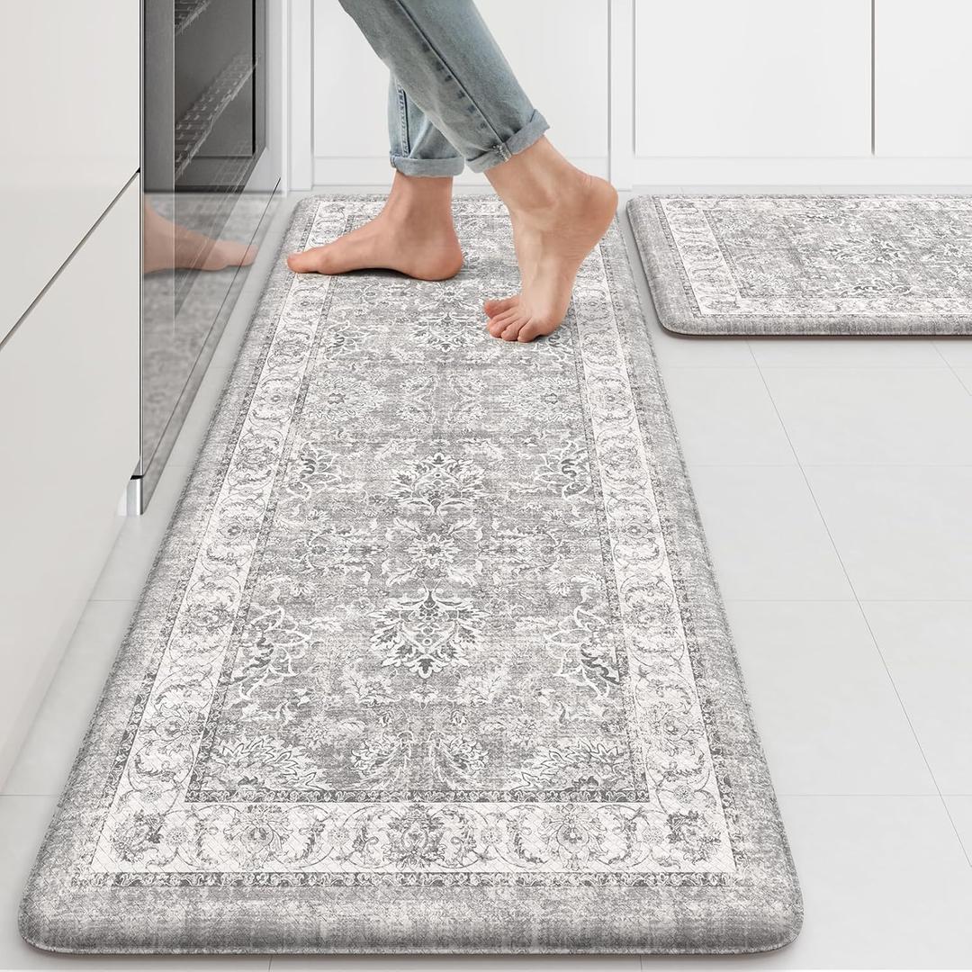 KIMODE Anti Fatigue Kitchen Mats for Floor,Boho Floral Kitchen Rugs 17"x47"+17"x29",Cushioned Mats for Kitchen Floor,Non Slip Kitchen Floor Mats,Sink,Laundry,Office,Grey