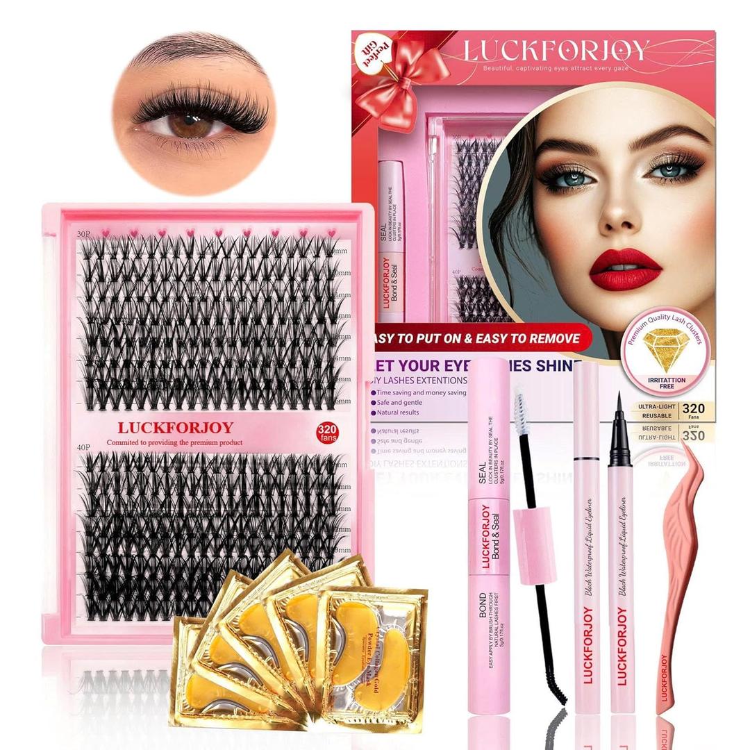 Lash Clusters Kit - 320PCS DIY Lash Extension Kit with Eyelash Clusters, 30D-40D Individual Lashes, Lash Bond and Seal, Tweezers, Liquid Eyeliner for At-Home Use (30-40D,0.07D, 9-16mm,Kit)