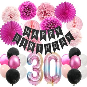 30th Birthday Decorations for her -Happy 30 Years birthday Party Supplies for Women with Black Pink Balloons and Paper Banner Fans Decors (30th black + pink), 12 Inches
