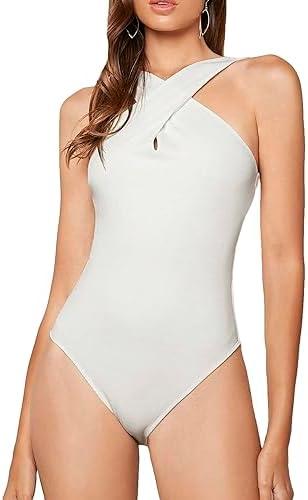 WDIRARA Women's Cut Out Criss Cross Halter Neck Sleeveless Skinny Bodysuit Cami Tops White M