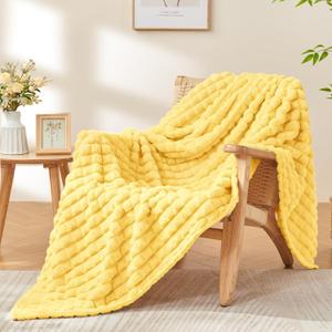 BEDELITE Light Yellow Throw Blanket for Couch - Super Soft Lightweight 3D Checkered Fluffy Fuzzy Fleece Blanket, Luxurious Plush Cozy Blanket for Room Home Decor, Gift for Women, 50x60 inches