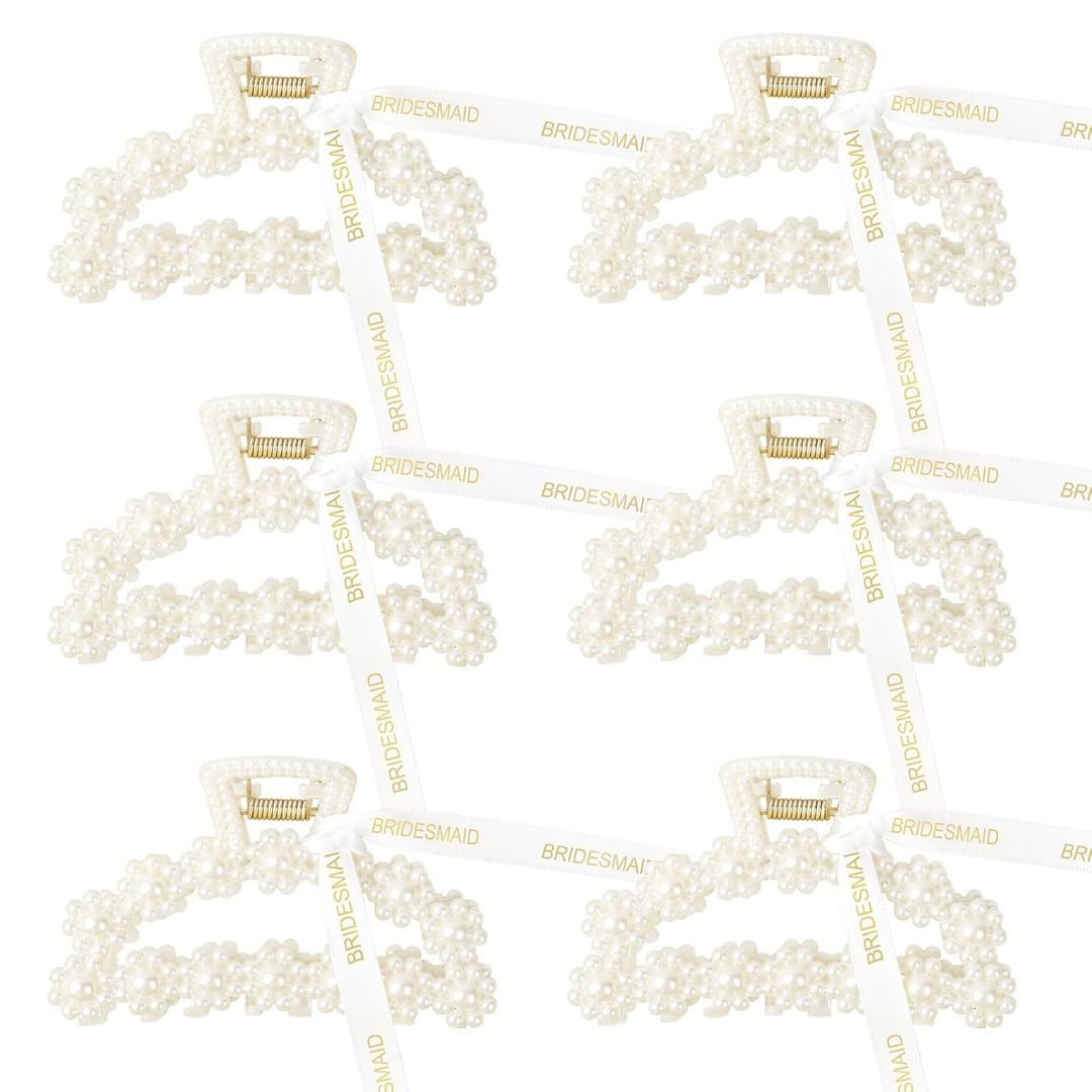 DEEKA Bridesmaid Proposal Gifts 6 Pack Pearl Bridesmaid Hair Claw Clips with Ribbon 3.6 Inch Large Hair Clips Bachelorette Party Favors Bridal Party Present Hair Accessories (Half Circle L)