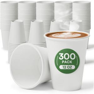 12 oz Disposable Coffee Cups 300 Pack, BPA Free Leak Proof White Paper Coffee Cups 12 oz, 300GSM Thickened Unbleached Cups for Hot & Cold Drinks, Home Office Parties