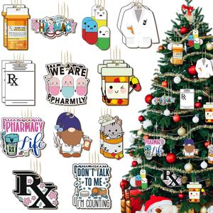 24 Pcs Pharmacy Christmas Ornaments Pharmacy Tech Week Appreciation Gifts Nurse Wood Hanging Decor for Coworker Pharmacist Doctor Assistant