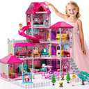 Villa Playset for Girls Ages 3-7, 4-Storey House with 10 Rooms, 2 Dolls, Furniture and Accessories, Indoor Playset Girls Toys for Ages 6-8, Pretend Toddler Toys, Birthday Gifts for Kids 4-8