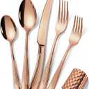 20-Piece Hammered Rose Gold Silverware Set for 4 with Serrated Forging Knives,18/10 Stainless Steel Modern Flatware Set,Unique Cutlery Set Spoons and Forks Set,Mirror Polished,Dishwasher Safe