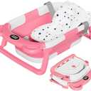 TPN Collapsible Baby Bathtub, Baby Bath Tub with Soft Cushion & Real-Time Thermometer, Baby Bathtub Infant to Toddler Tub (0-36 Months), Portable Newborn Travel Bath tub (Pink)