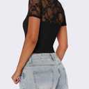 Saslax Women's Lace Bodysuit Crew Neck Short Sleeve Sheer Sexy Slim Fit Going Out Top for Concert Date Night Club Black M