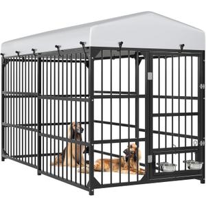 YITAHOME Large Outdoor Dog Kennel with Rotating Feeder Bowls, 7.8'L x 3.9'W x 5.4'H Dog Pens Outside with Roof, Heavy Duty Dog Cage for Medium Large Dogs