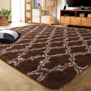 LOCHAS Luxury Shag Area Rug 5x8 Feet Geometric Plush Fluffy Rugs, Extra Soft Carpet Runner Rugs for Bedroom Living Room Dorm Kids, High Pile Shaggy Floor Rug Decor, Brown/Beige