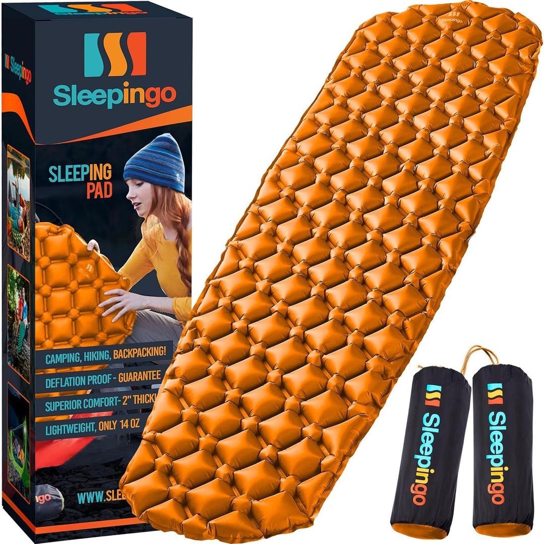 Sleepingo Ultralight Sleeping Mat - Inflatable & Compact Camping Air Mattress for Backpacking, Hiking- New (Orange)
