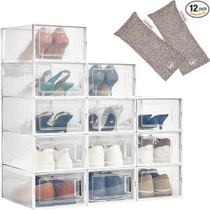 HomeBuddy Shoe Organizer for Closet - 12 Pack Shoe Boxes Clear Plastic Stackable Bins, Clear Shoe Boxes Stackable with Lids, Sneakers Storage Case, Zapateras Organizer for Shoes, Closet Shoe Organizer