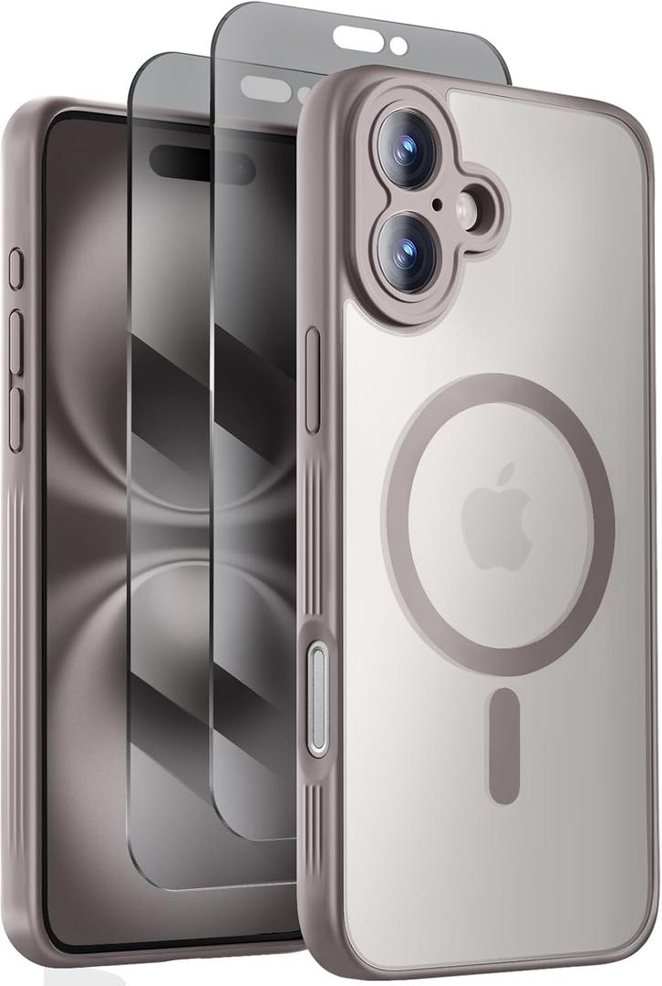 Symcele Designed for iPhone 16 Case, Compatible with MagSafe, with Privacy Screen Protectors X2, [Camera Protection] [15FT Drop Protection] Shockproof Phone Case, 6.1", Natural Titanium