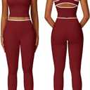 Women 2 Piece Workout Sets Racerback Color Block Tank Tops High Waist Tummy Control Active Leggings Yoga Outfits Medium, Burgundy