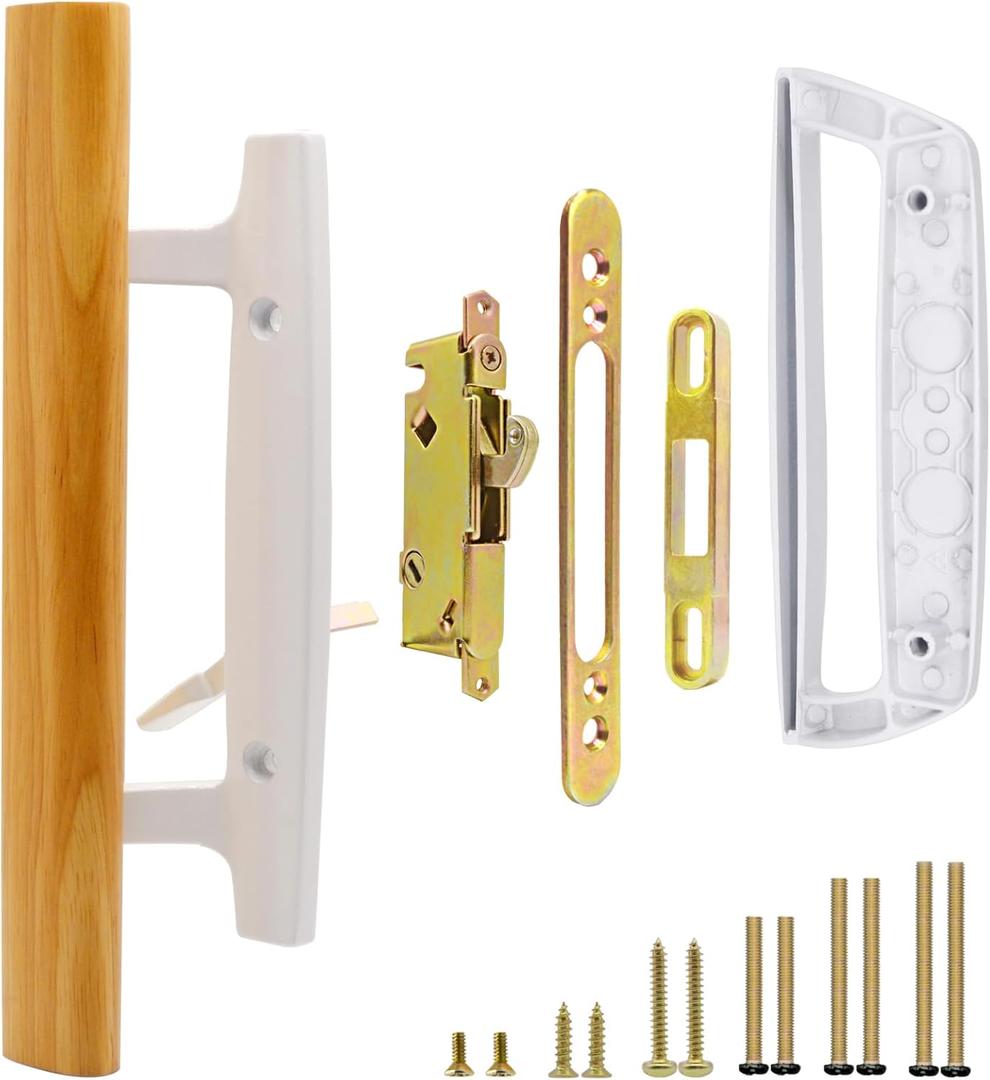 Patio Sliding Glass Door Handle with Mortise Lock 45 Keyway, Non-keyed Oak Wood Inside Handles and Zinc Diecast Outside Pull, 3-15/16" H.C., Non-Handed, White Patio Sliding Glass Door Handle with Mortise Lock 45 Keyway, Non-keyed Oak Wood Inside Handles and Zinc Diecast Outside Pull, 3-15/16" H.C., Non-Handed, White