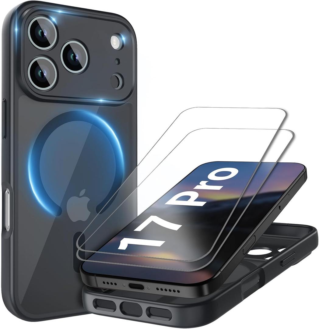 Cufelf Magnetic for iPhone 17 Pro Case(Compatible with Magsafe) Full Camera Protection,2+Full Coverage Screen Protector,Translucent Matte,Military Drop Protection Phone Case,6.3",Black