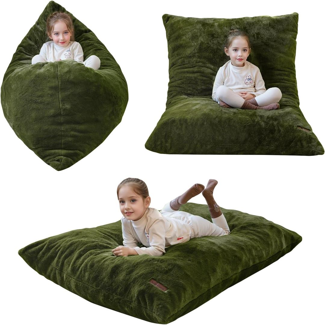 MAXYOYO 3 in 1 Kids Bean Bag Chair Bed, Child Floor Sofa for Gaming, Reading, Faux Fur Floor Mattress with High-Density Foam Filling for Living Room Bedroom (Green)