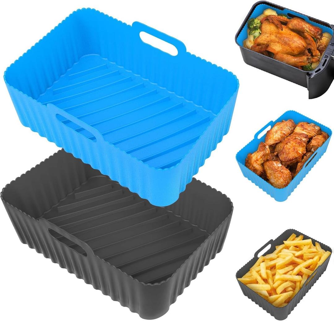 Silicone Air Fryer Liners Rectangle 2 Pack 8.0 Inch Airfryer Liners 8-10 QT Dual Air Fryer Liners Reusable Pot Oven Liner Baking Tray, Air Fryer Basket Silicone Mat Bowl Air Fryer Accessories Kitchen (Blue+Gray)