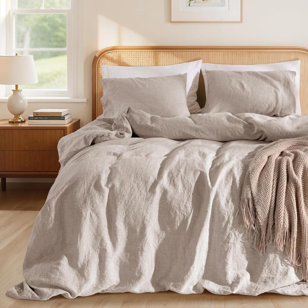 LBRO2M 100% French Linen Duvet Cover Set 3Pcs, Comforter Cover King Size Beige