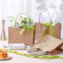 Shinylin 12 Pcs Small Burlap Tote Bag Set with Handles Spring Wedding Favors Reusable Jute Tote Bag Bulk with Eucalyptus Tissue Paper and Green Ribbon Wrapping 8.7x5.5x7inch