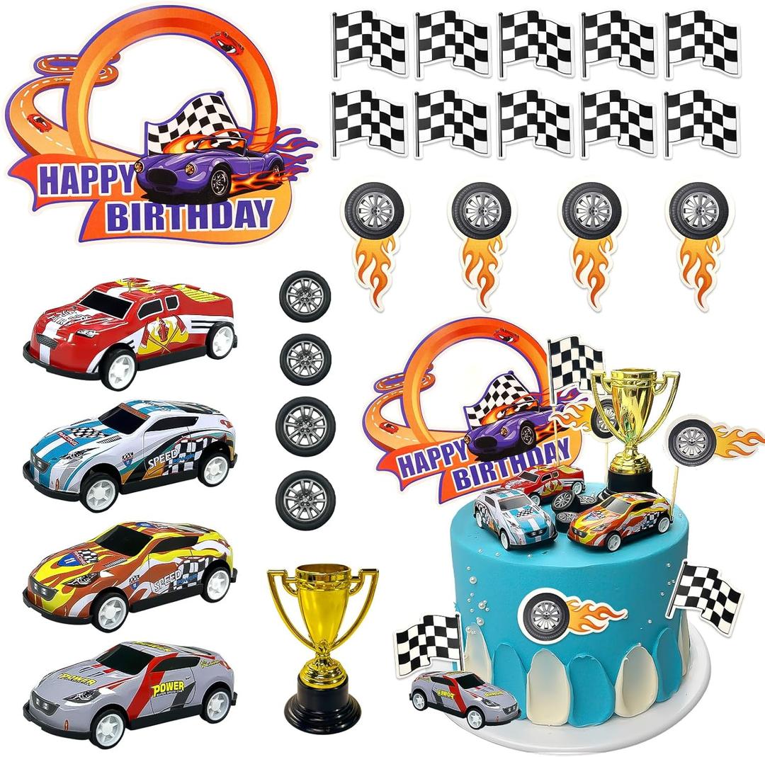 MEMOVAN Race Car Birthday Cake Decoration 24PCS Racing Car Cake Toppers Checkered Flag Cars Cake Cupcake Decorations for Man Boy Kid Racing Cars Theme Birthday Supplies Party Favors
