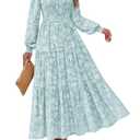 KIRUNDO Wedding Guest Dresses for Women Long Sleeve Smocked Floral Flowy A Line Boho Maxi Dress Fall Clothes(Light Blue, Large)