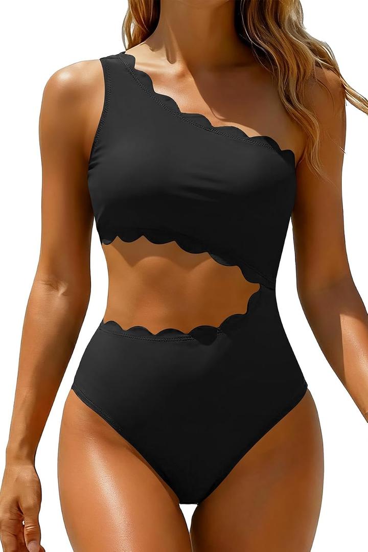 Women's One Piece Swimsuit- One Shoulder Bathing Suit Cutout Tummy Control Swimwear, Black, Medium