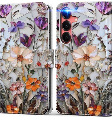 DEENAKIN for Samsung Galaxy S25 Wallet Case with Card Holder + Cash Clip, RFID-Blocking, Military-Grade Protection & UV-Printed Artwork, Magnetic Closure with Leather Kickstand - Marbled Floral Veins