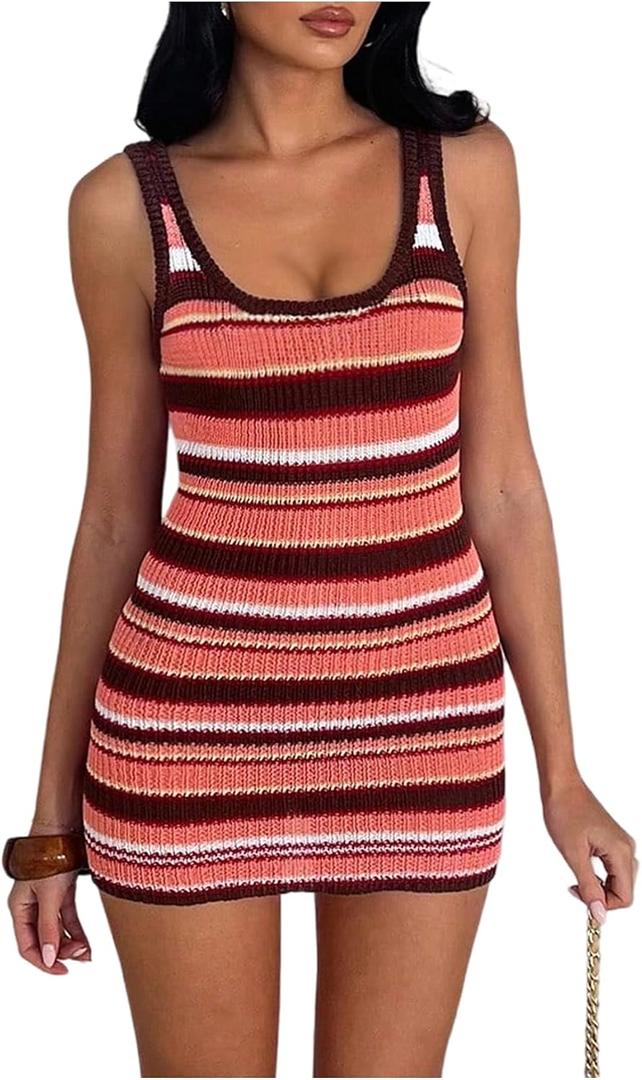 MakeMeChic Women's Striped Mini Dress Crochet Beach Cover Ups (Pink, L)