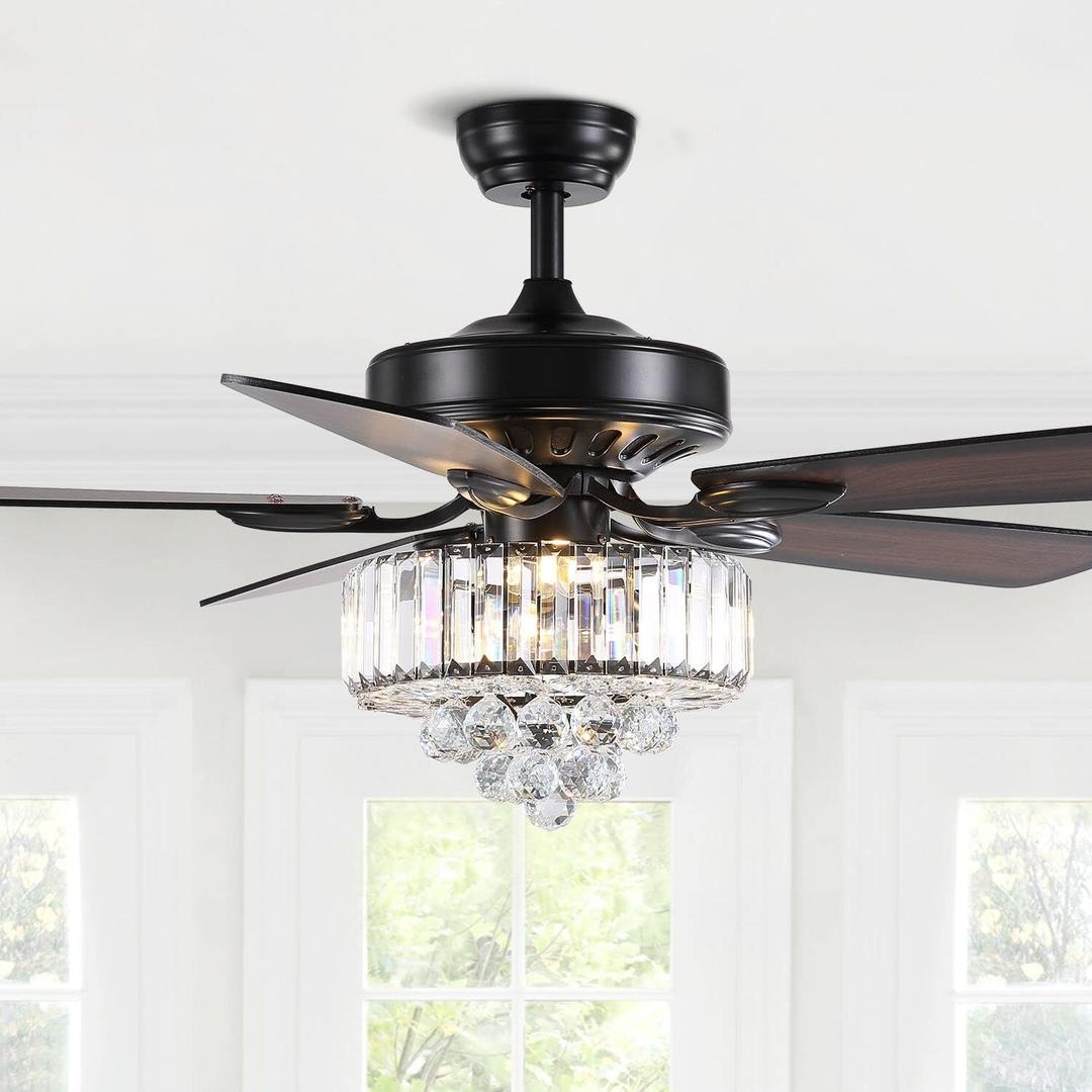 Moooni 52" Luxury Crystal Ceiling Fan with Light Modern Fan with Led Light and 5 Reversible Wood Blades Fan with Chandelier for Bedroom Dining Room Living Room Black