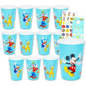Disney Mickey Mouse and Friends Reusable Tumbler Cup 12 Pack - Party Favor Bundle of 15 Oz Cups Plus Stickers, More | Mickey Mouse Water Tumblers Set