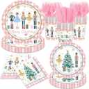 Christmas Party Tableware Decorations,144pcs Pink Christmas Paper Plates and Napkins,Cups,Forks and Knives Xmas Paper Dinnerware for Winter Holiday Party Supplies