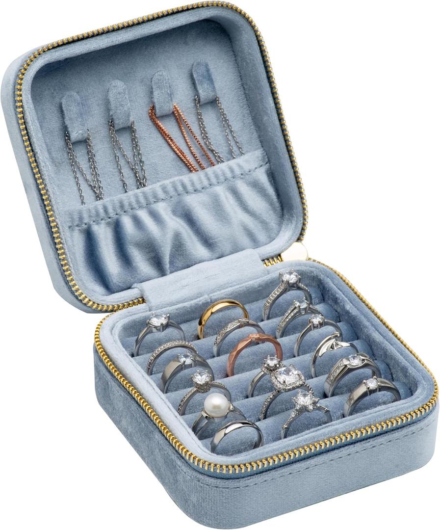 COWFEX Velvet Multiple Square Ring Box Jewelry Organizer Display Tray with Zipper Around, Earring Holder Case for Wedding Birthday Christmas Valentine Day (Light Ocean Blue)