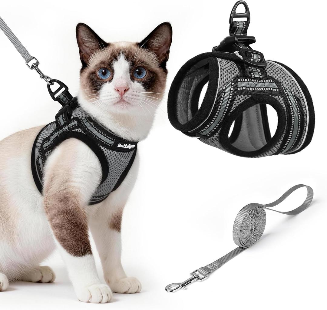rabbitgoo Cat Harness and Leash Set for Walking Escape Proof, Adjustable Soft Kittens Vest with Reflective Strip for Cats, Comfortable Outdoor Vest, Grey, L