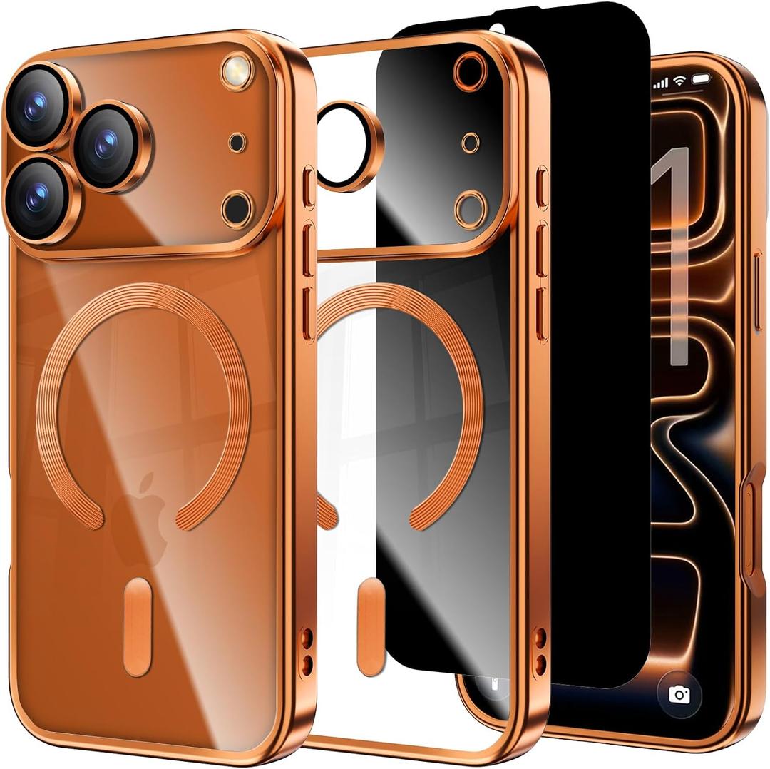 Oyfcasel Designed for iPhone 17 Pro Max Case 6.9",with Privacy Screen Protector*1,Compatible with MagSafe,Anti-Scratch Case with Camera Lens Protector Plating Bling for Women Orange