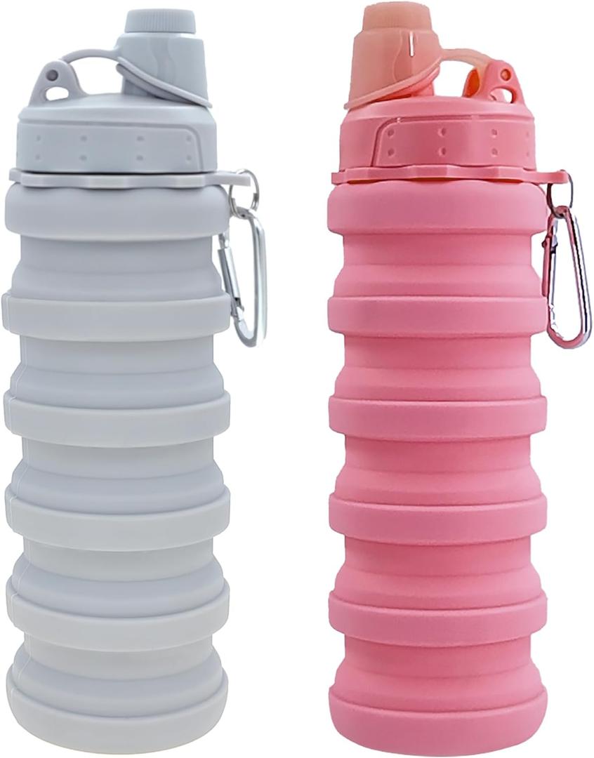 Collapsible Water Bottles Travel water bottle Sports Portable Sport Water Bottle Reusable Water Bottles comes with mountaineering Buckle 500ml silicone Water-proof camping water bottle (Light grey+Pink)